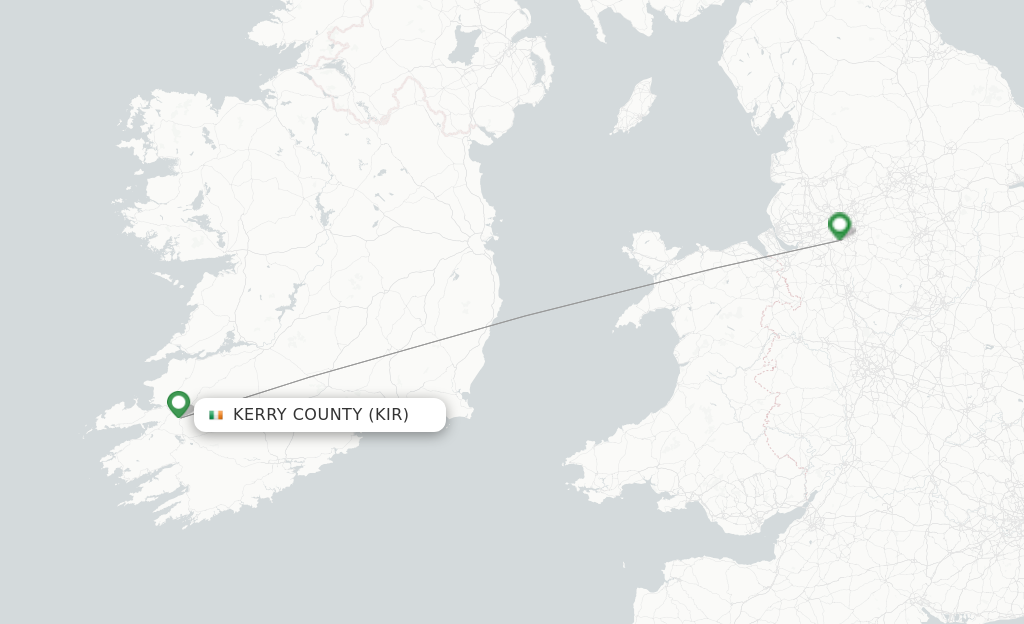 Route map with flights from Kerry County with Ryanair UK