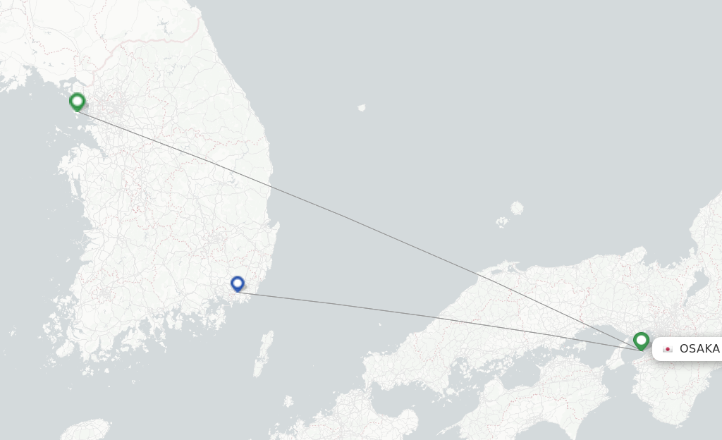 Route map with flights from Osaka with Jeju Air