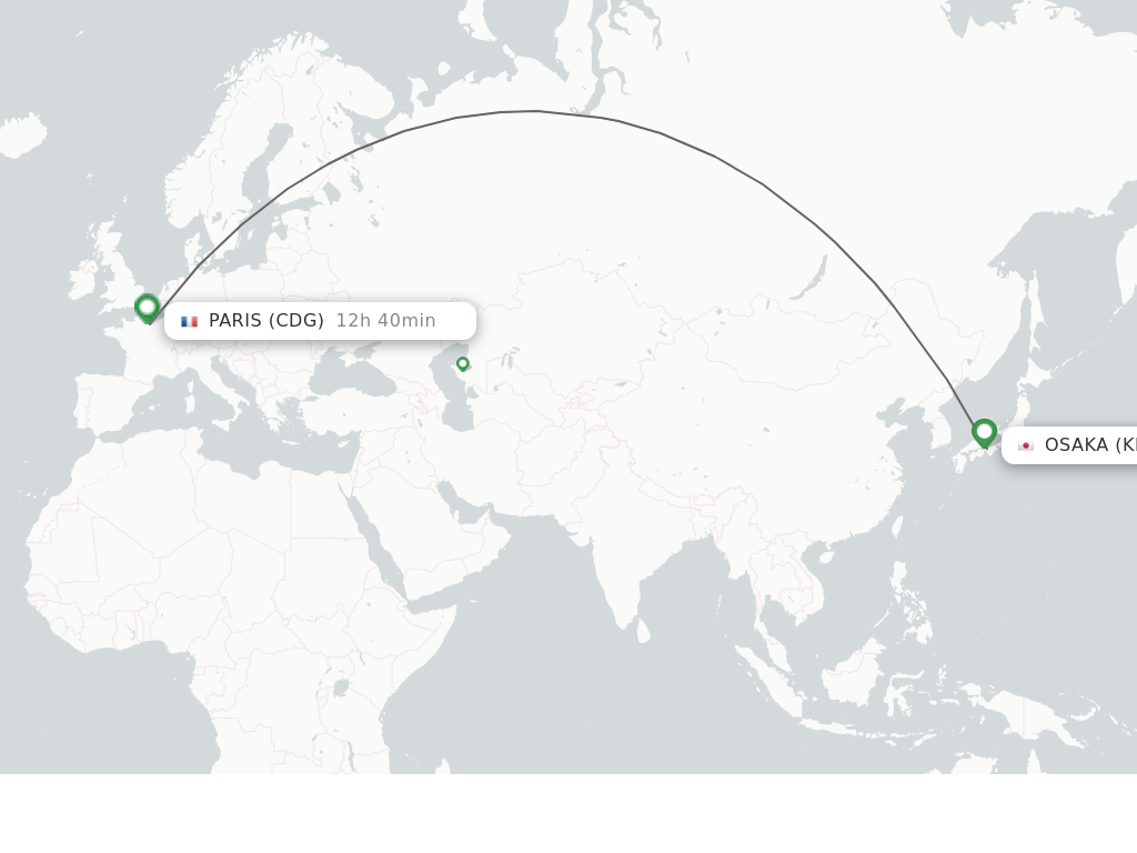 Flights from Osaka to Paris route map