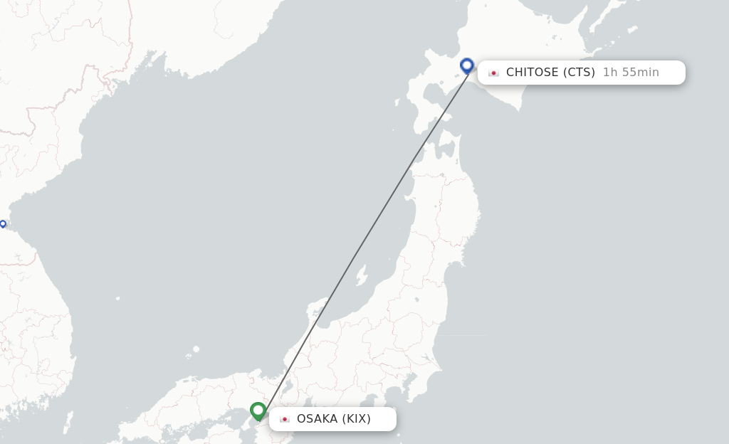 Flights from Osaka to Sapporo route map