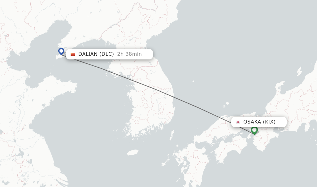 Flights from Osaka to Dalian route map