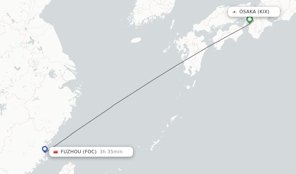 Flights from Osaka to Fuzhou route map