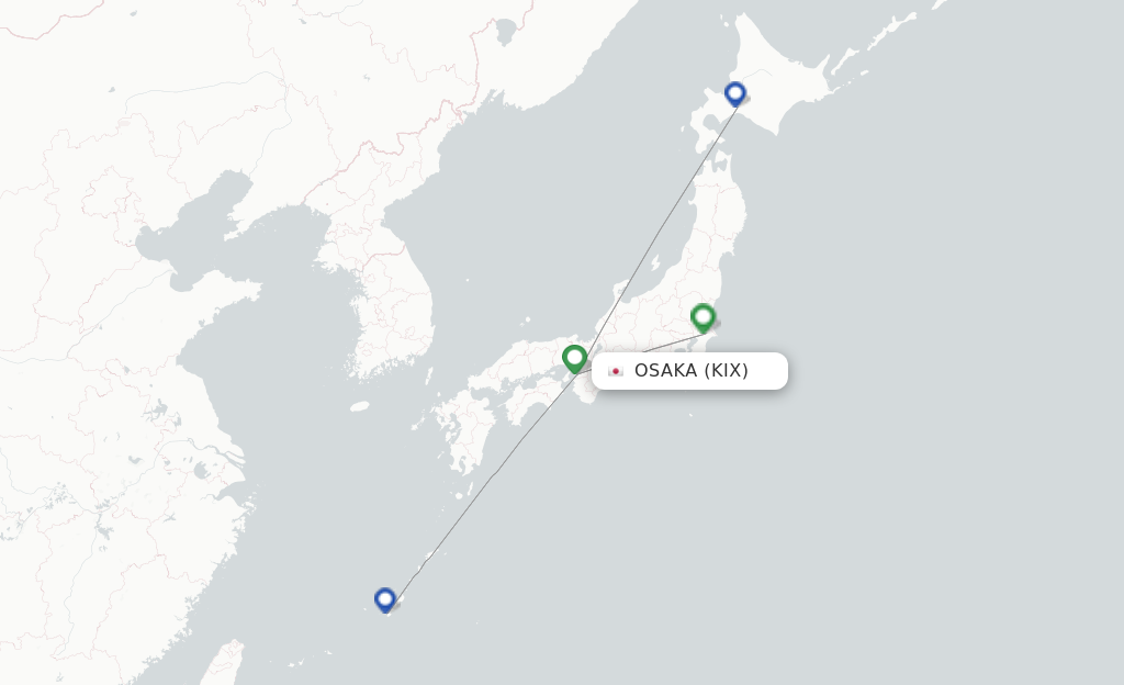 Route map with flights from Osaka with Jetstar Japan