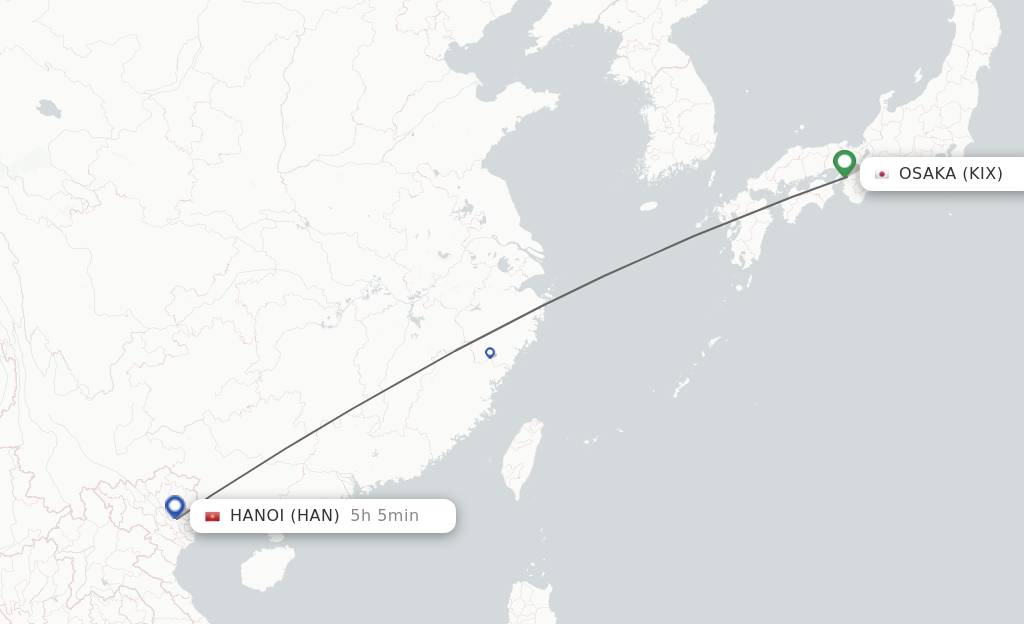 Flights from Osaka to Hanoi route map