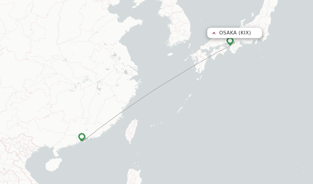 Route map with flights from Osaka with Hong Kong Airlines