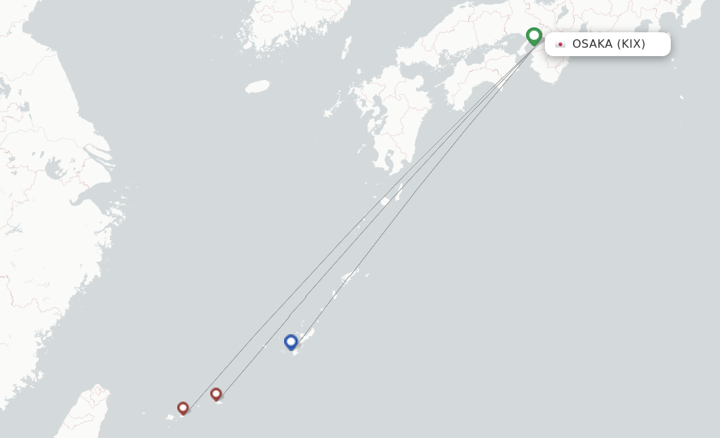 Route map with flights from Osaka with Japan Transocean Air