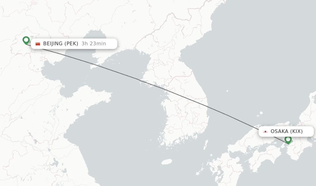 Flights from Osaka to Beijing route map