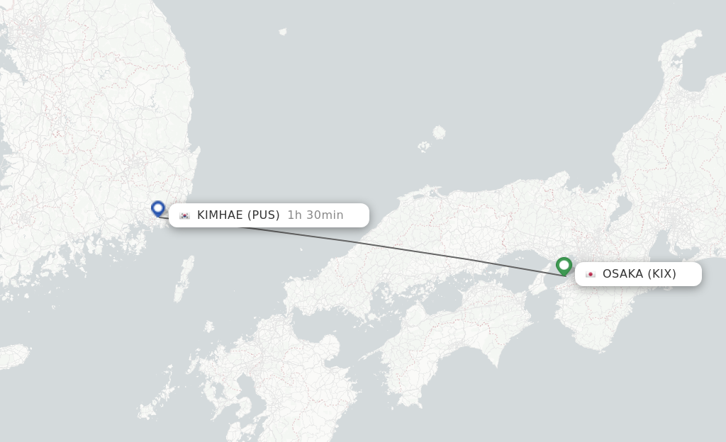 Flights from Osaka to Busan route map