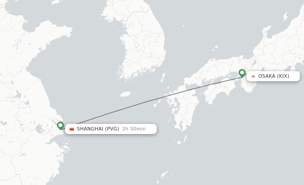 Flights from Osaka to Shanghai route map