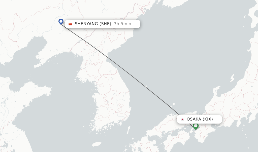 Flights from Osaka to Shenyang route map