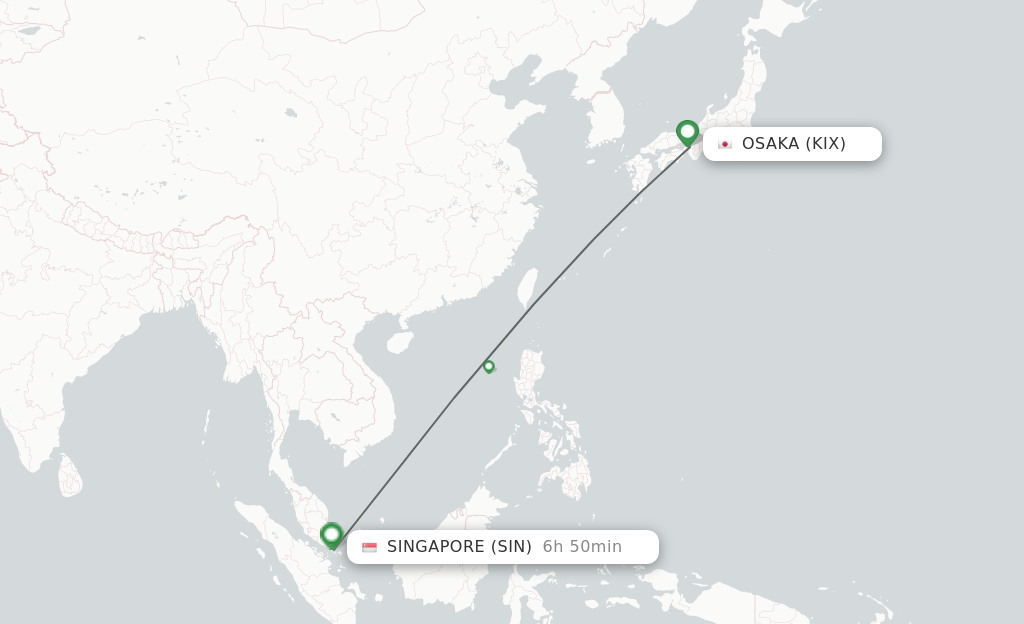Flights from Osaka to Singapore route map