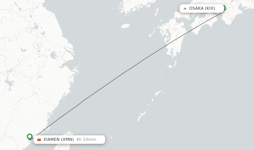 Flights from Osaka to Xiamen route map