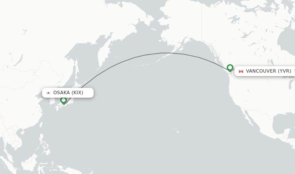 Flights from Osaka to Vancouver route map