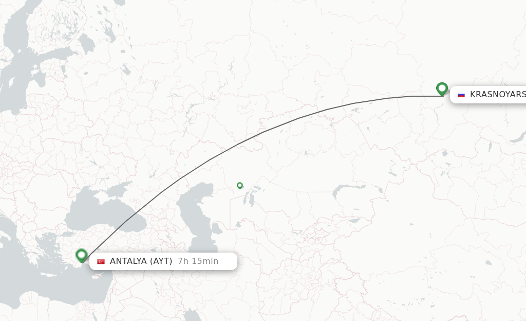 Flights from Krasnojarsk to Antalya route map