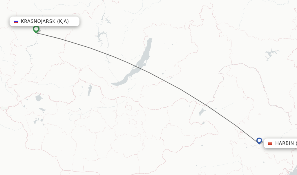 Flights from Krasnojarsk to Harbin route map