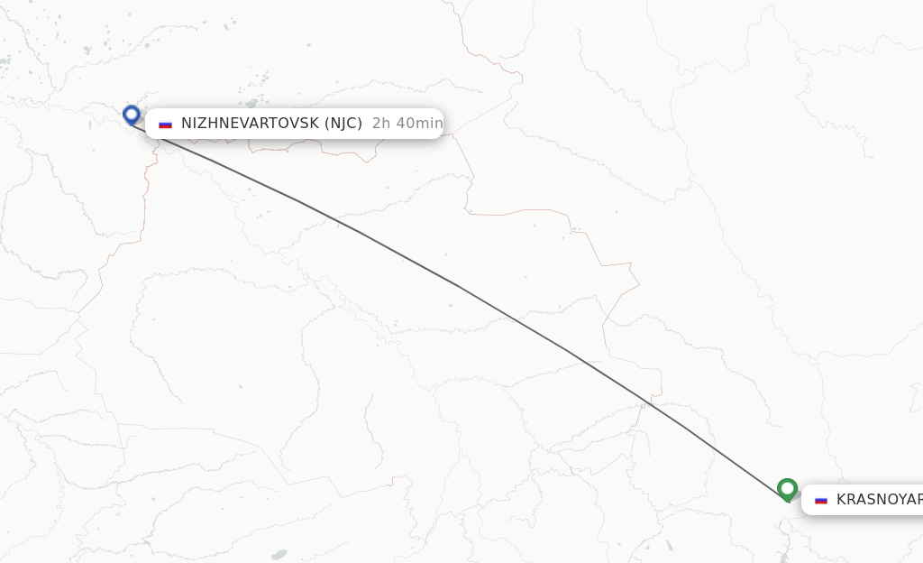 Flights from Krasnojarsk to Nizhnevartovsk route map
