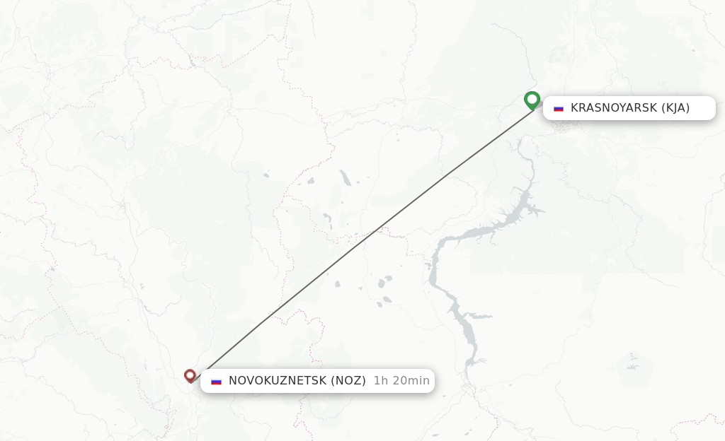 Flights from Krasnojarsk to Novokuznetsk route map
