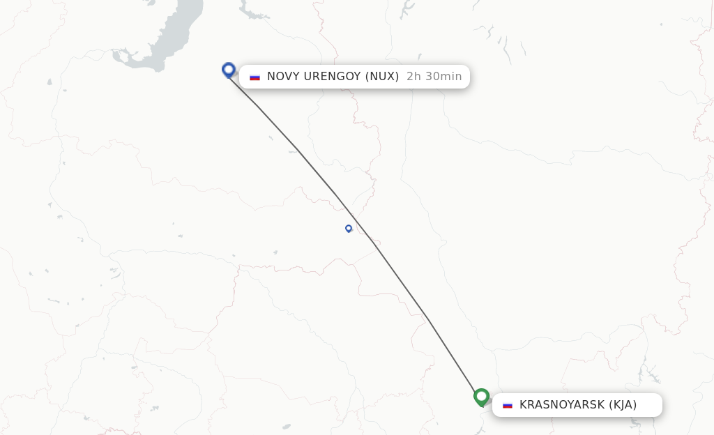 Flights from Krasnojarsk to Novyj Urengoj route map