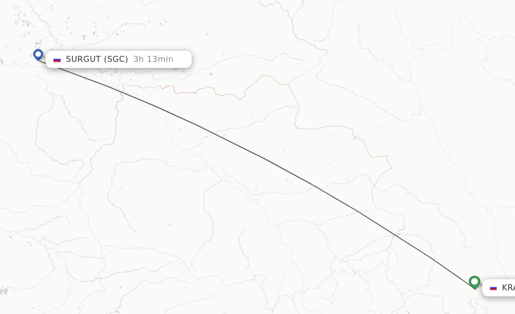 Flights from Krasnojarsk to Surgut route map