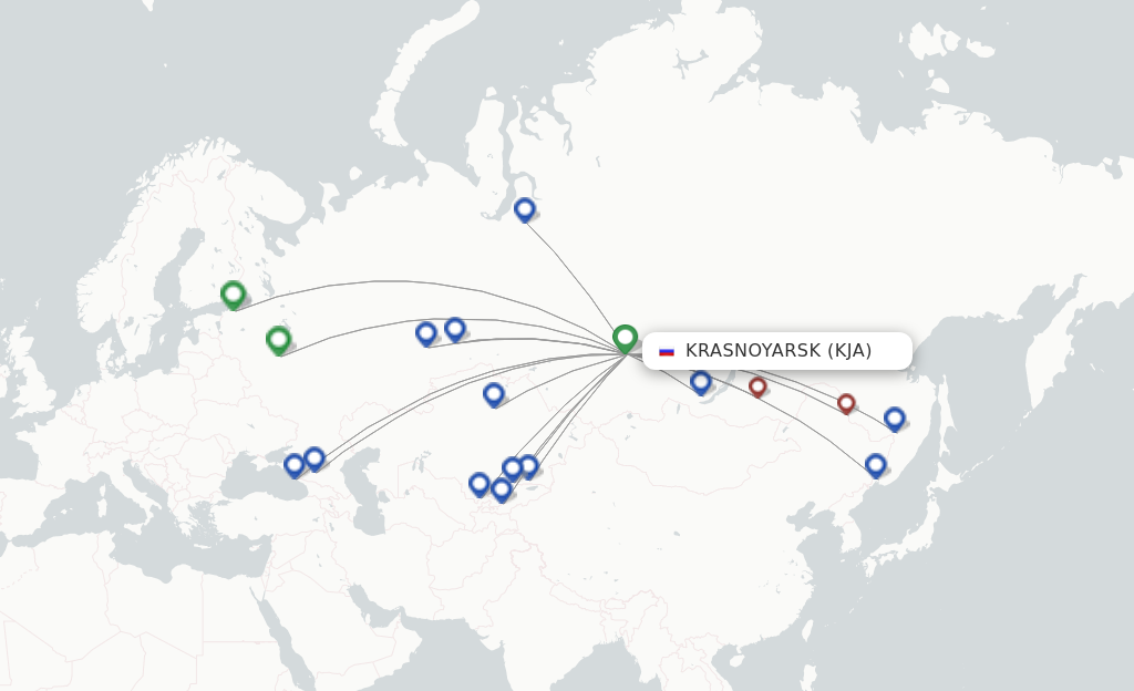 Route map with flights from Krasnojarsk with Aeroflot