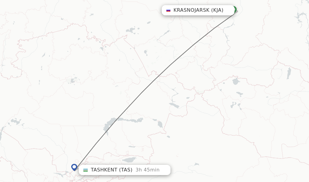 Flights from Krasnojarsk to Tashkent route map
