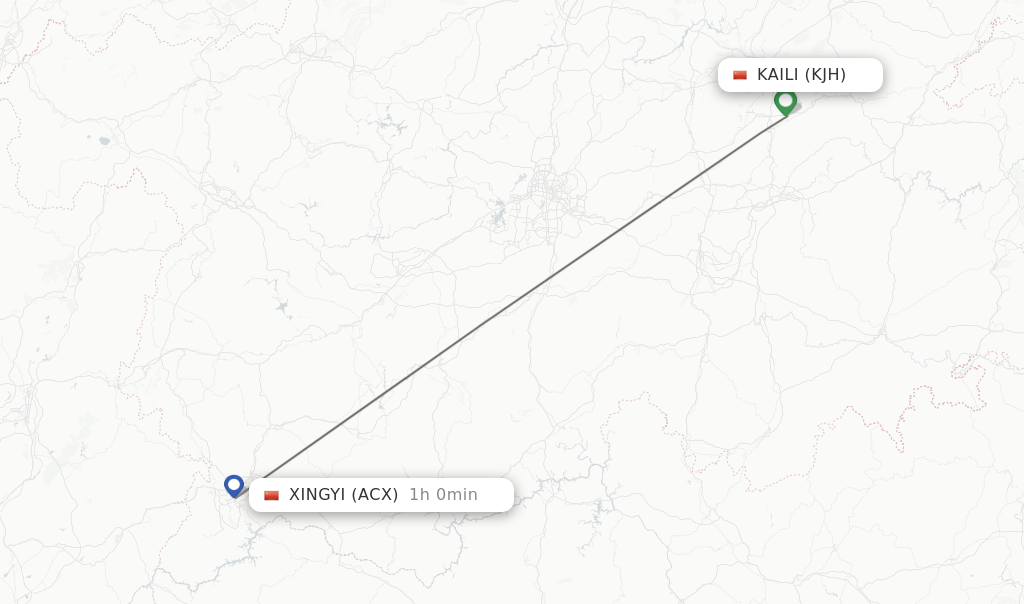 Flights from Xingyi to Kaili route map