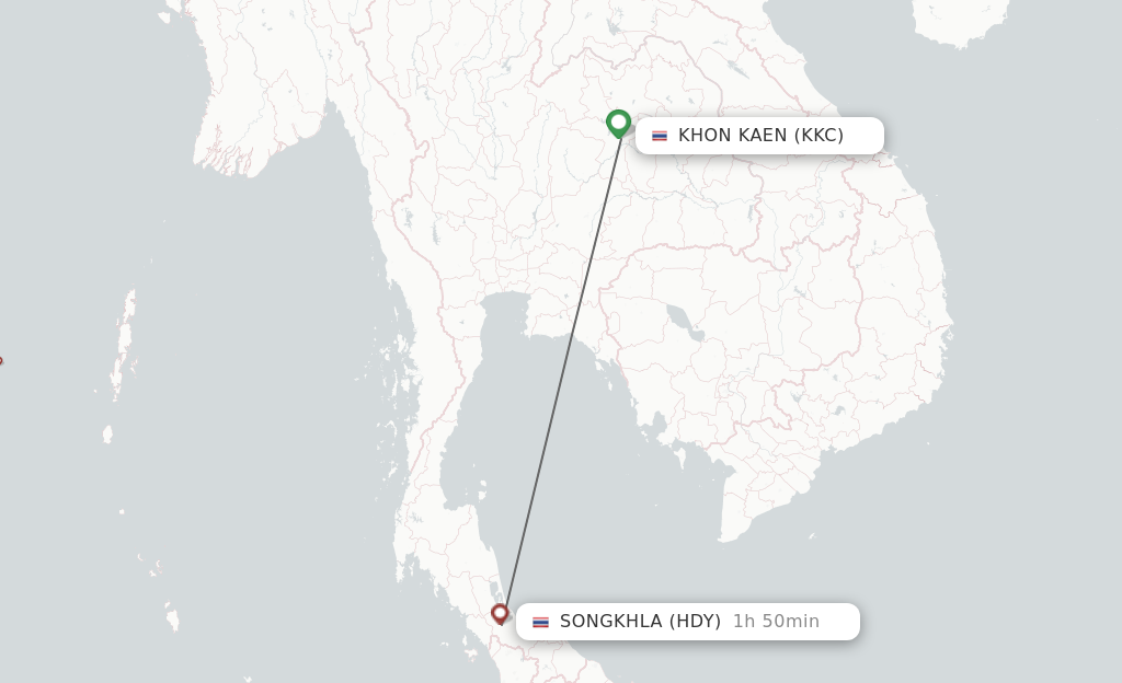 Flights from Khon Kaen to Hat Yai route map
