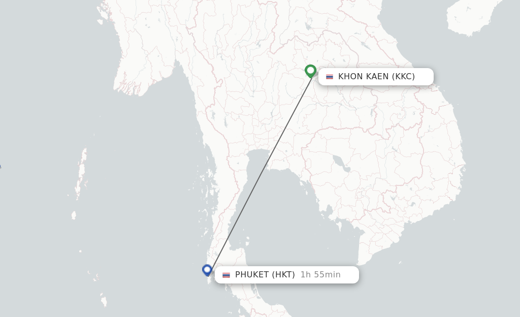 Flights from Khon Kaen to Phuket route map