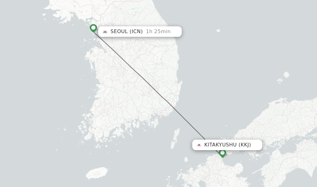 Flights from Kitakyushu to Seoul route map