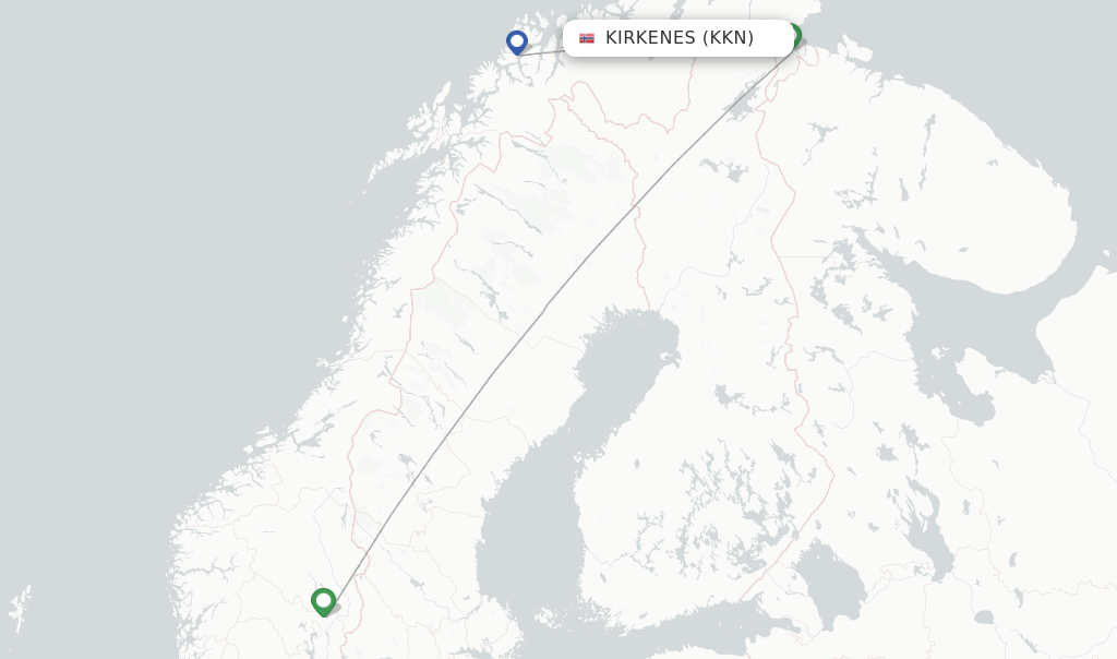 Route map with flights from Kirkenes with Norwegian