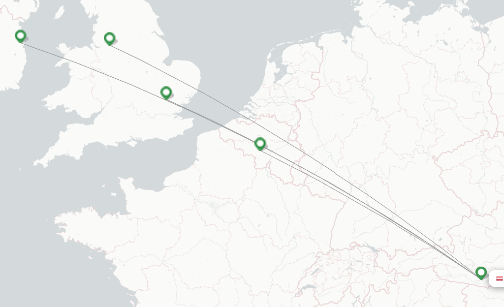 Route map with flights from Klagenfurt with Ryanair