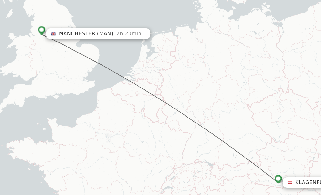 Flights from Klagenfurt to Manchester route map