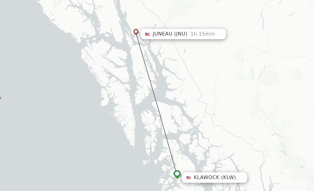 Flights from Klawock to Juneau route map