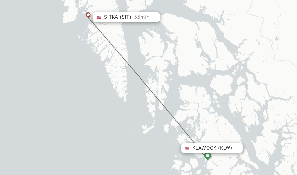 Flights from Klawock to Sitka route map