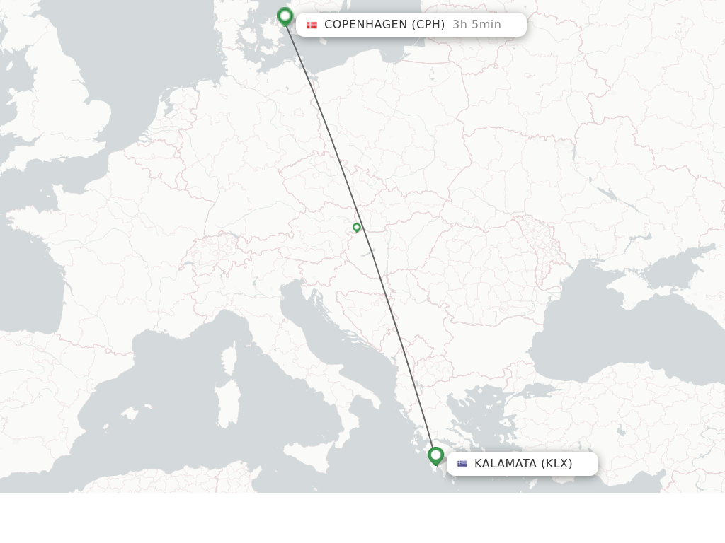 Flights from Kalamata to Copenhagen route map