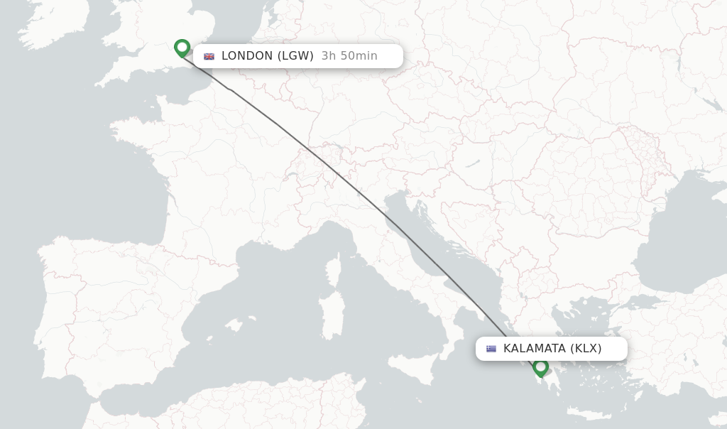 Flights from Kalamata to London route map