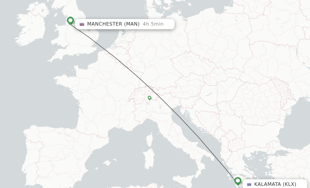 Flights from Kalamata to Manchester route map