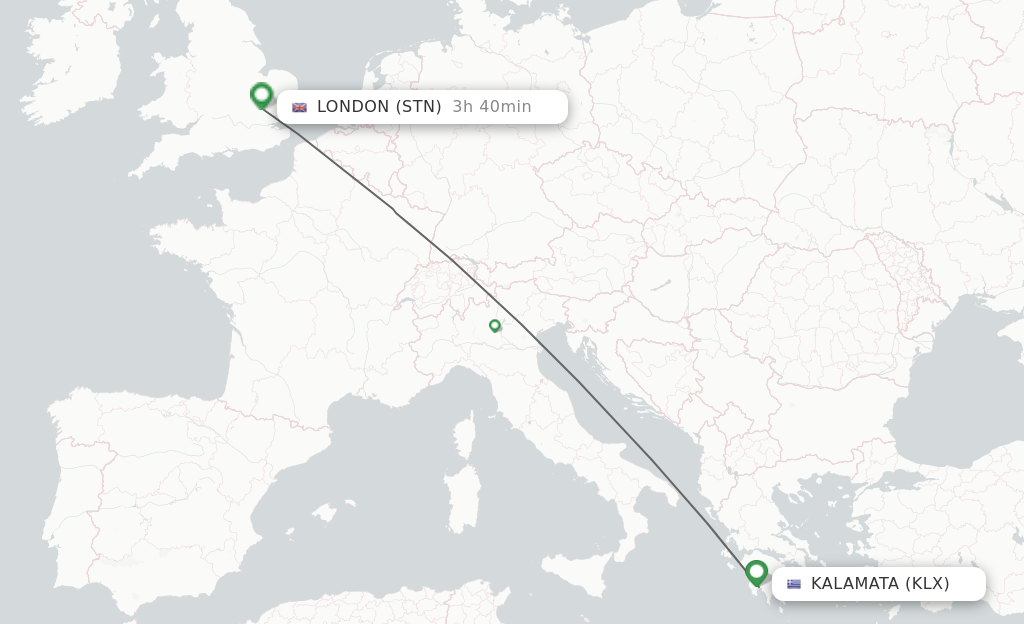 Flights from Kalamata to London route map