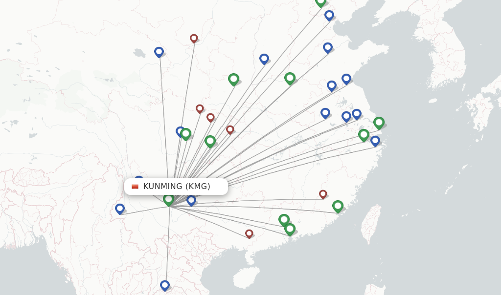Route map with flights from Kunming with Sichuan Airlines