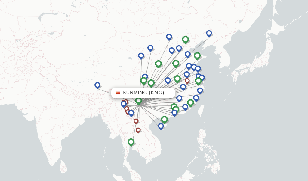 Route map with flights from Kunming with Lucky Air
