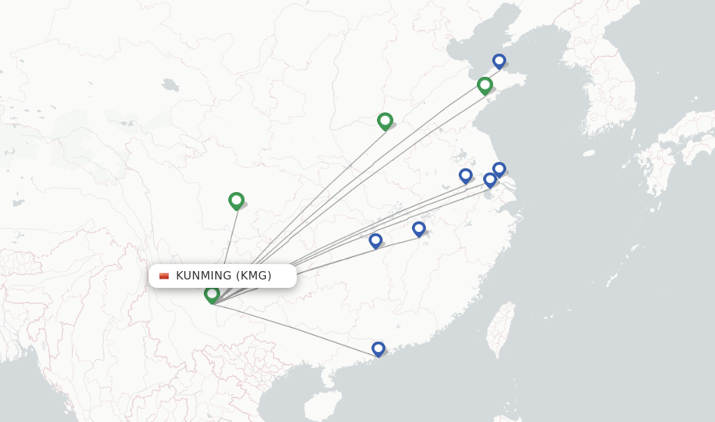 Route map with flights from Kunming with Air Travel