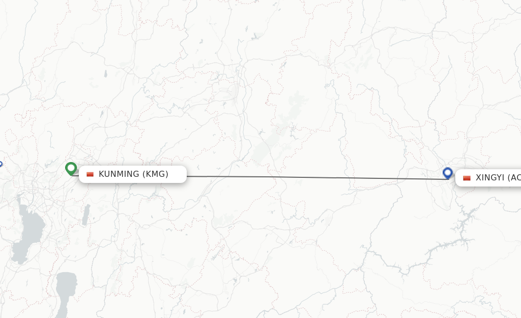 Flights from Kunming to Xingyi route map
