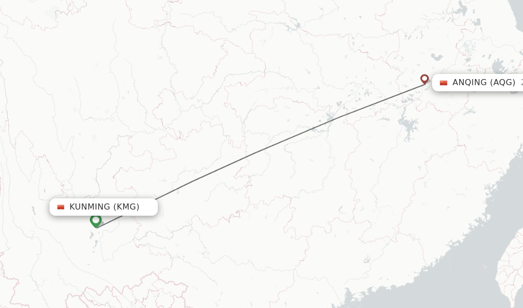 Flights from Kunming to Anqing route map