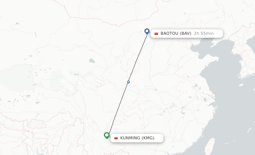 Flights from Kunming to Baotou route map