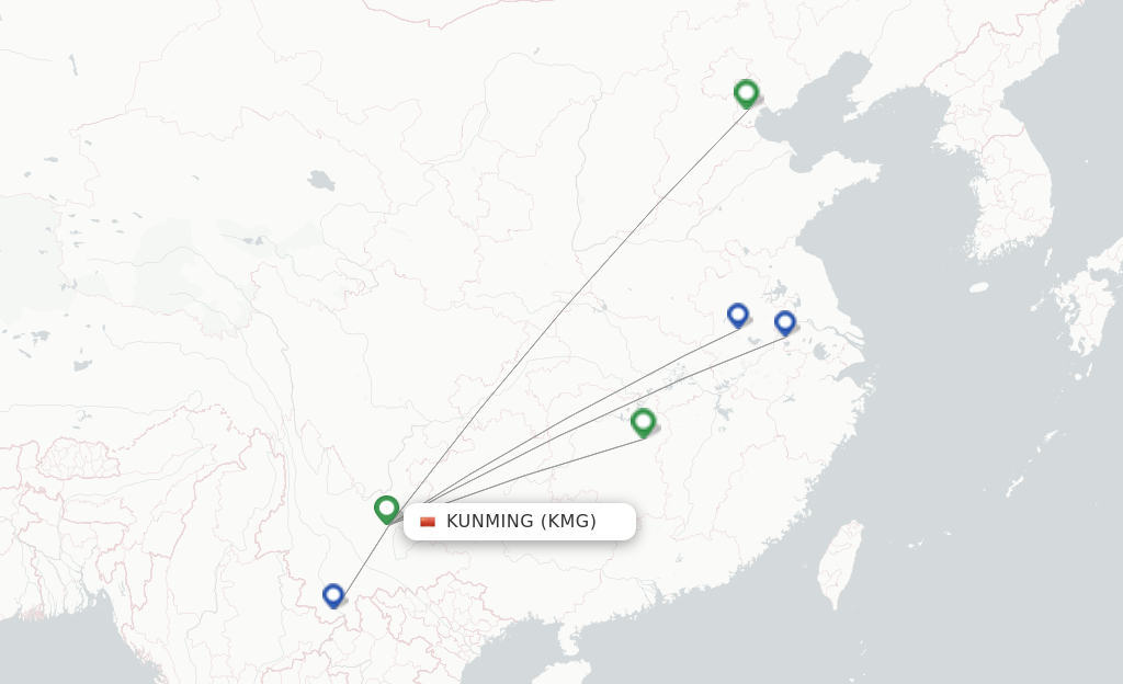 Route map with flights from Kunming with Okay Airways