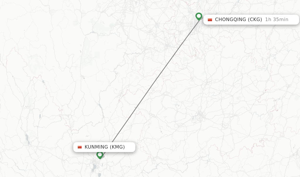 Flights from Kunming to Chongqing route map