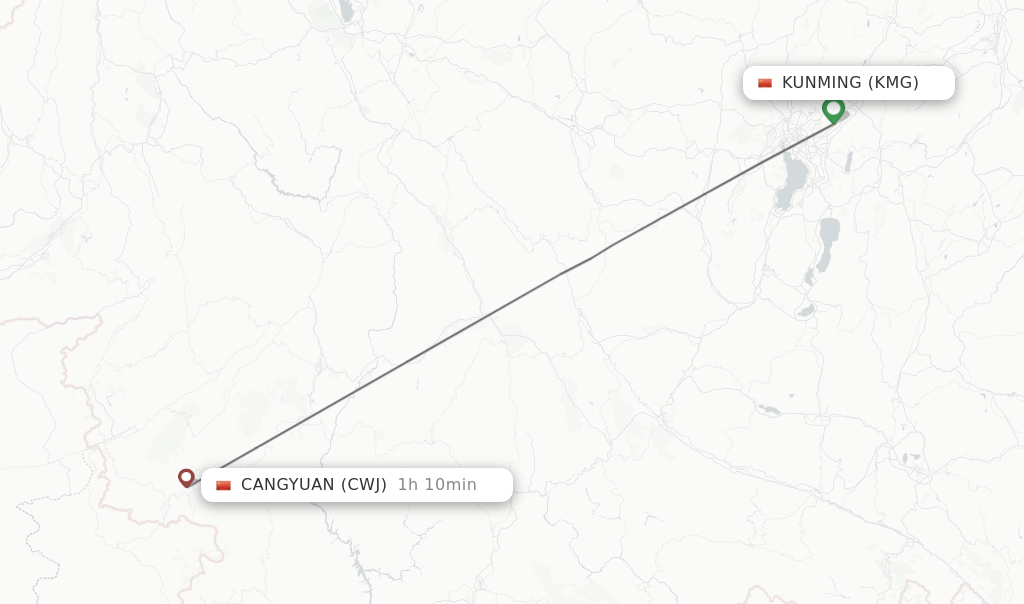 Flights from Kunming to Cangyuan route map