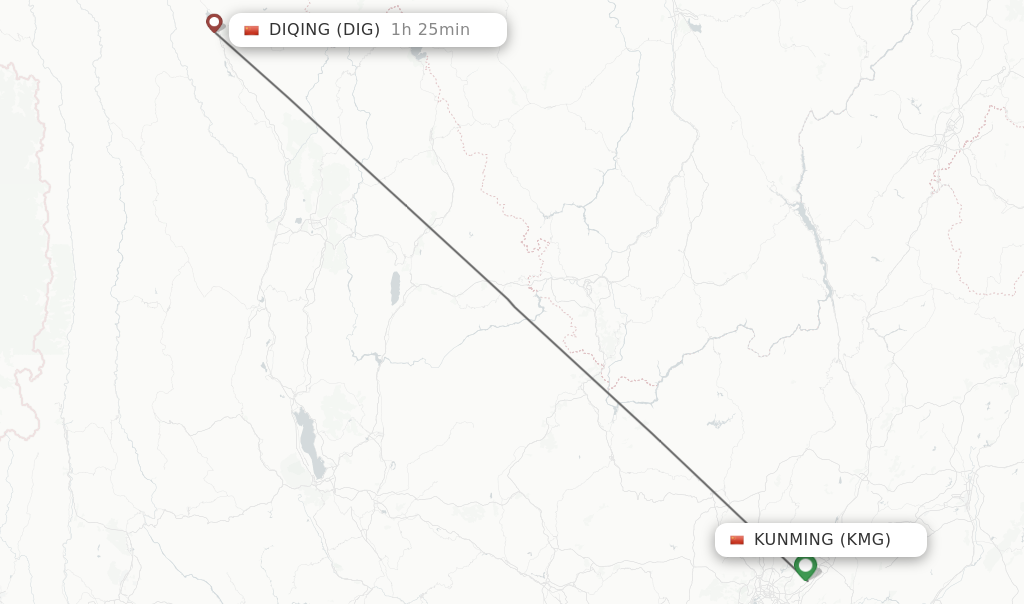Flights from Kunming to Diqing route map