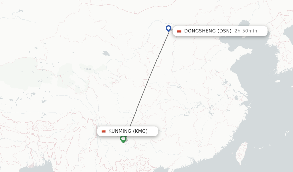 Flights from Kunming to Dongsheng route map