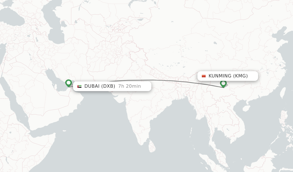 Flights from Dubai to Kunming route map